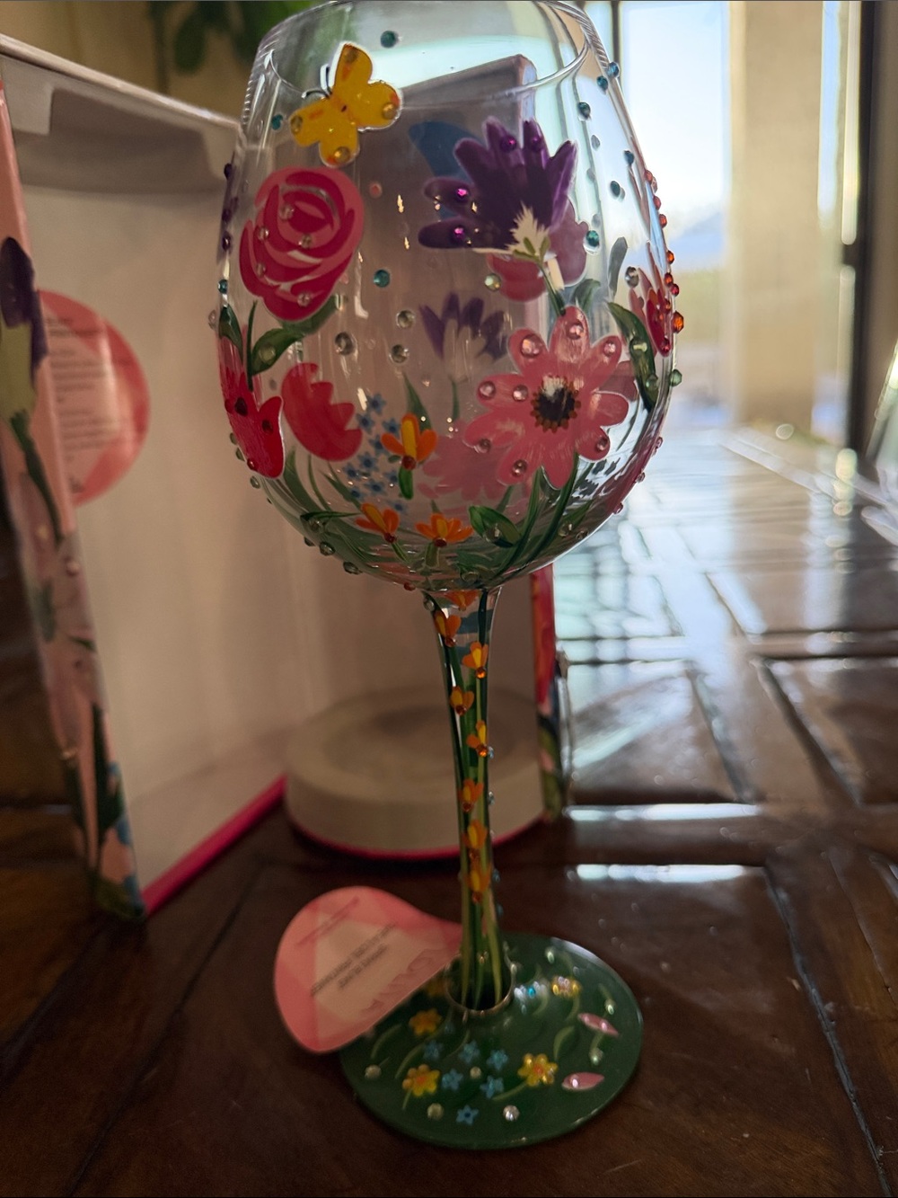 Lolita Floral Hand-Painted Wine Glass in Pink, Purple, Yellow & Green